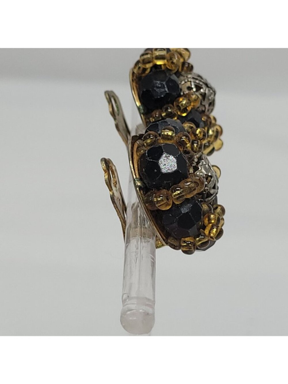 Vintage Black & Amber Beaded Clip-On Earrings Gold-Tone Backing Retro Jewelry - Picture 6 of 9
